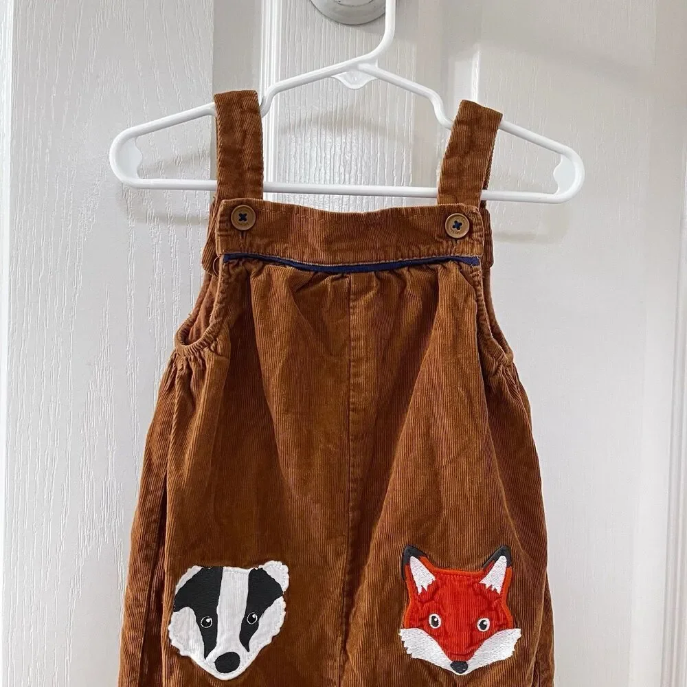 Baby Boden Badger Fox Applique Brown Corduroy Dungaree Overalls SZ 18-24 Months